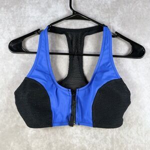 Robin Piccone Racerback Mesh Bikini Top Womens Medium Blue Black Front Zip NWOT
